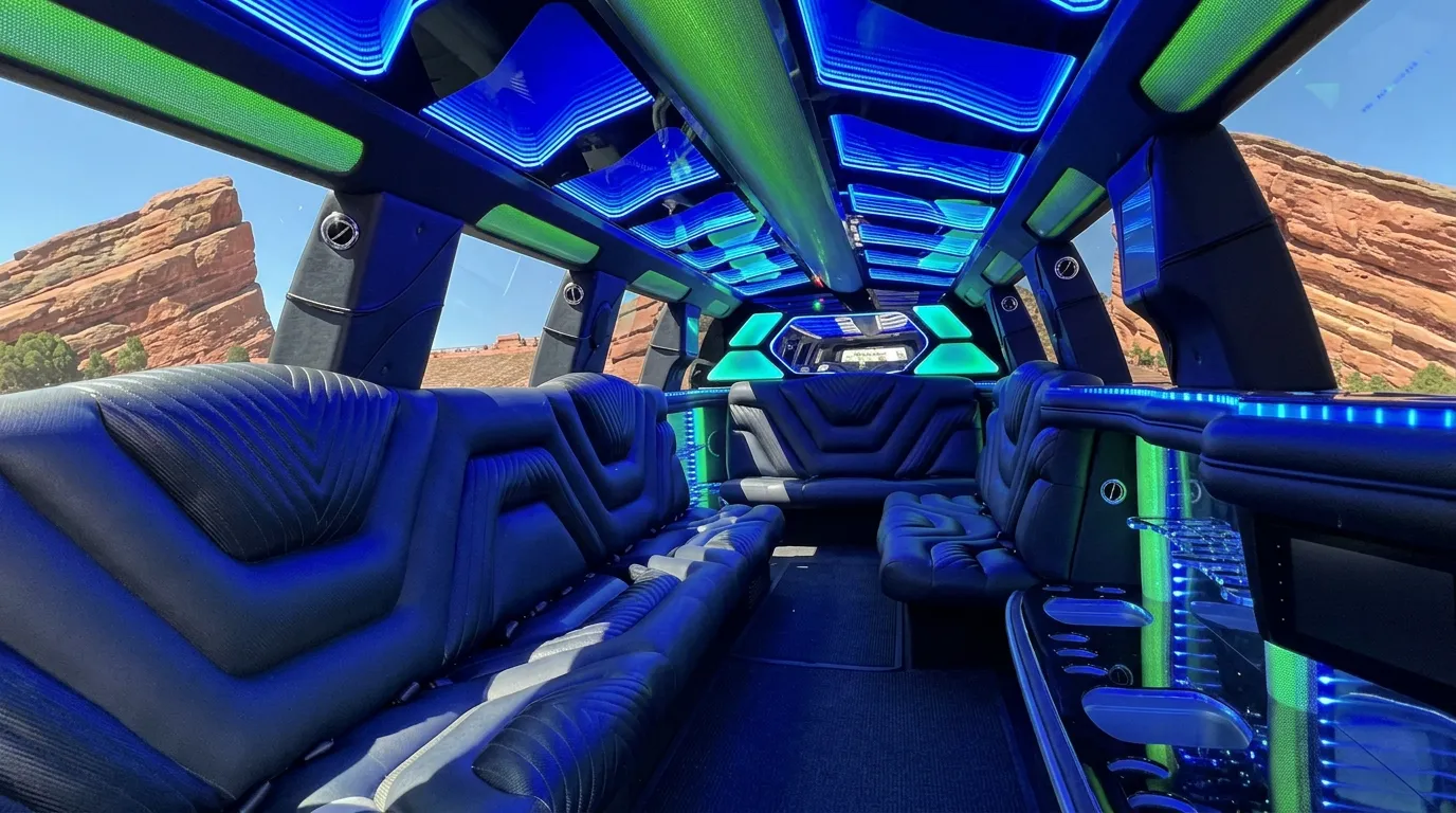 Inside the Chevy Suburban limo in Loveland: LED light-show ceiling, leather lounge seating and lit bar