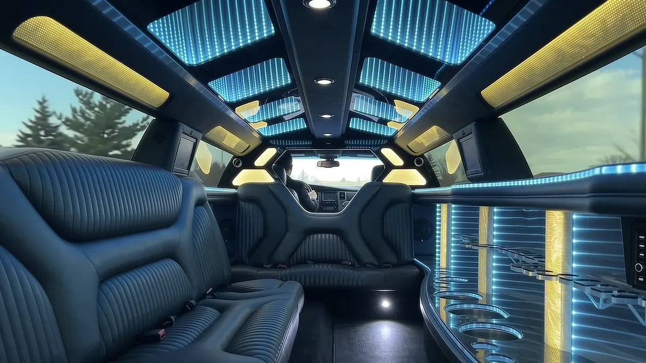 Inside the Dodge Charger limo in Loveland: LED light-show ceiling, leather lounge seating and lit bar
