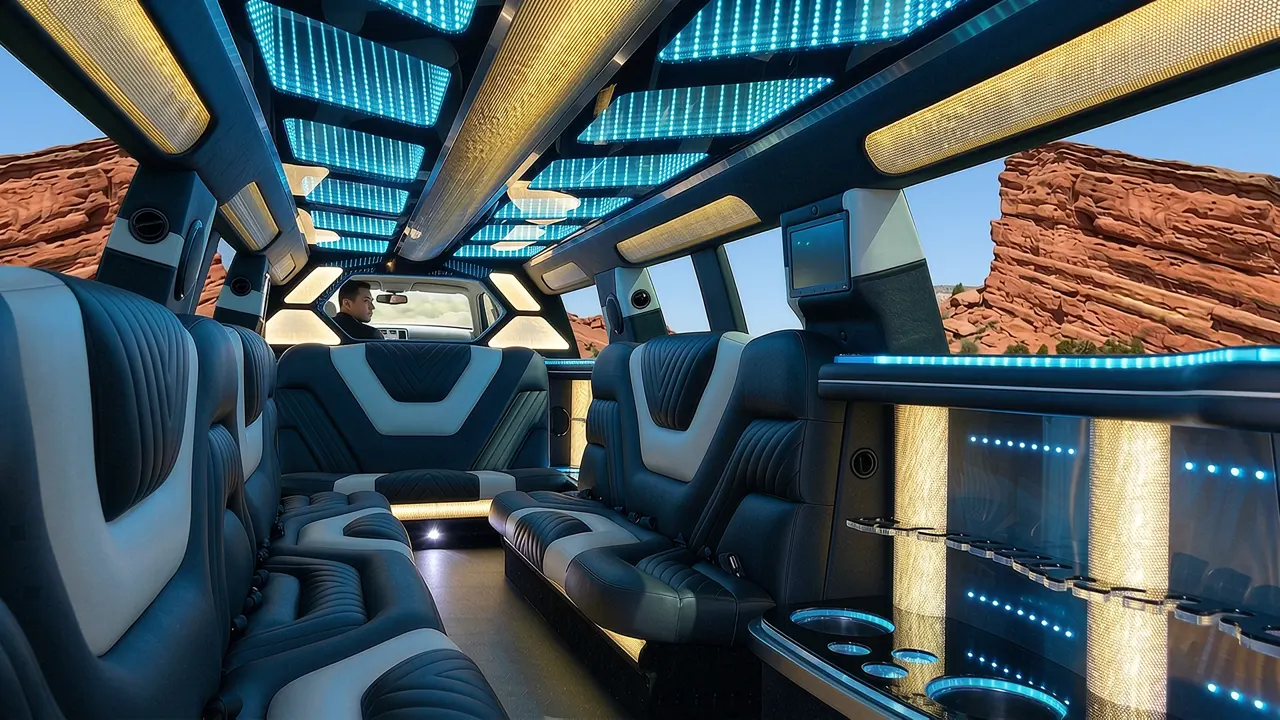 Inside the Mercedes GLS limo in Loveland: LED light-show ceiling, leather lounge seating and lit bar
